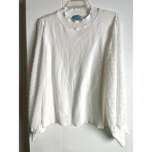CeCe Women's White Mock Neck Knit  Sweater Size L Full Sheer Long Sleeves
